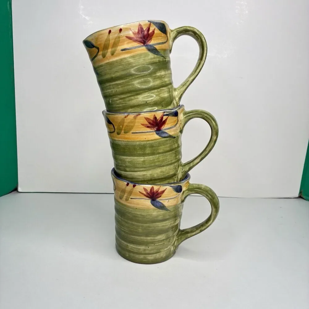 Pier 1 Elizabeth Hand Painted Stoneware Floral Green Blue Red Mugs Set Of 3